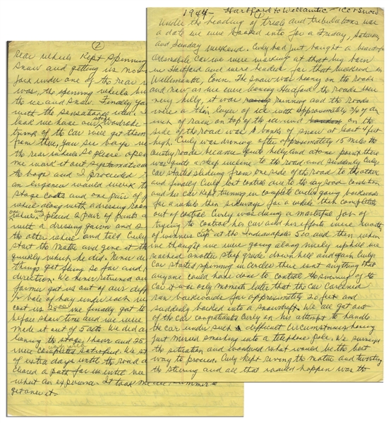 Moe Howard's Handwritten Manuscript Page When Writing His Autobiography -- Moe Describes a Car Accident in 1944 With Curly at the Wheel -- Two Pages on One 8'' x 12.5'' Sheet